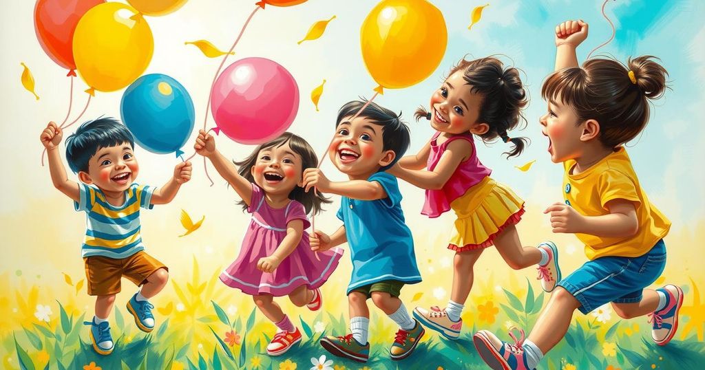 Ilustrasi anak-anak ceria bermain dengan balon berwarna-warni, simbol dukungan psikologis di tengah tantangan kesehatan.