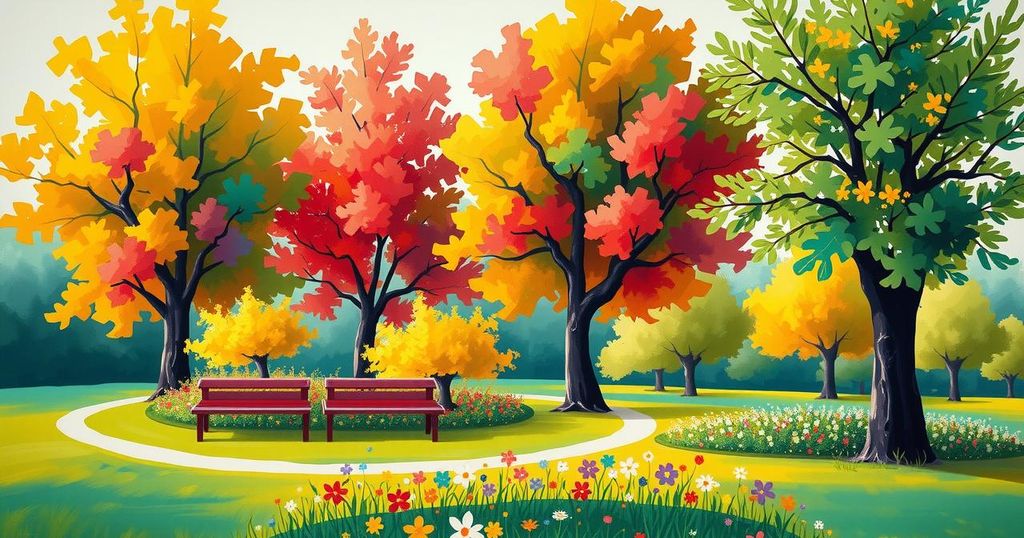 Bersosialisasi dengan teman-teman di taman, memahat perasaan bahagia dengan warna cerah dan suasana hangat.