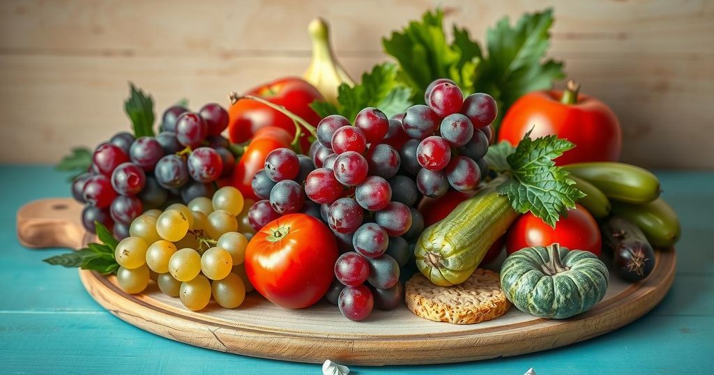 Grapes and vegetables in bright colors on a simple wooden board, symbolizing healthy lifestyle choices for cancer prevention.