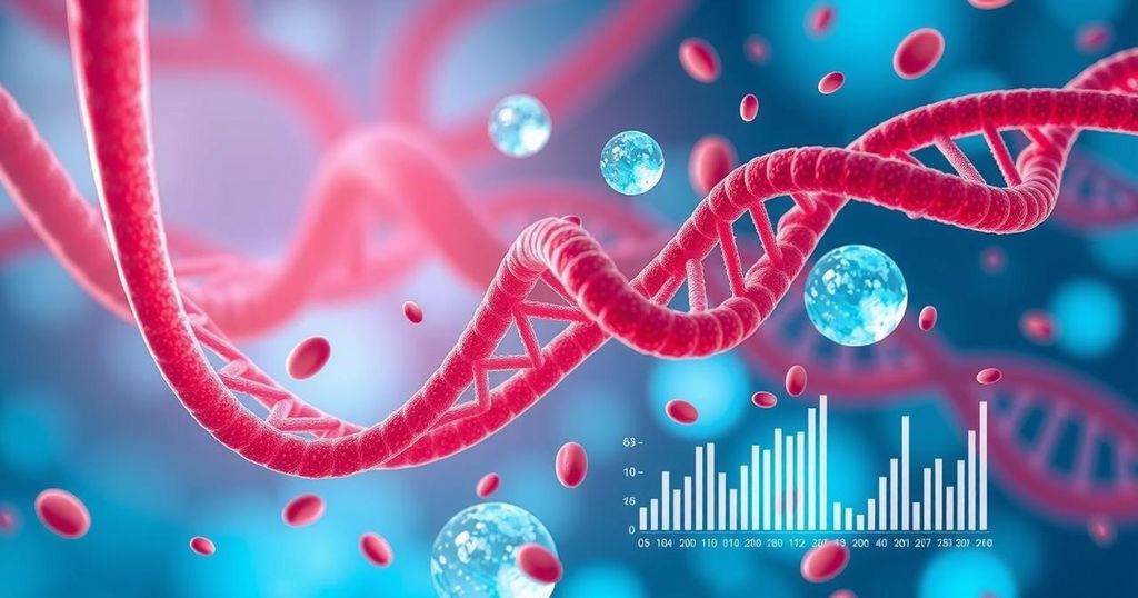 Ilustrasi penelitian terkait terapi canggih untuk kanker payudara, dengan teknik analisis DNA dan grafik statistik.