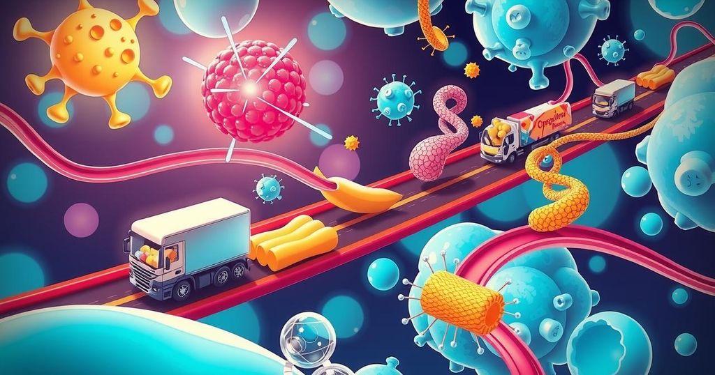 Ilustrasi peta jalur nutrisi dalam tubuh, menggambarkan protein transporter dengan warna cerah.
