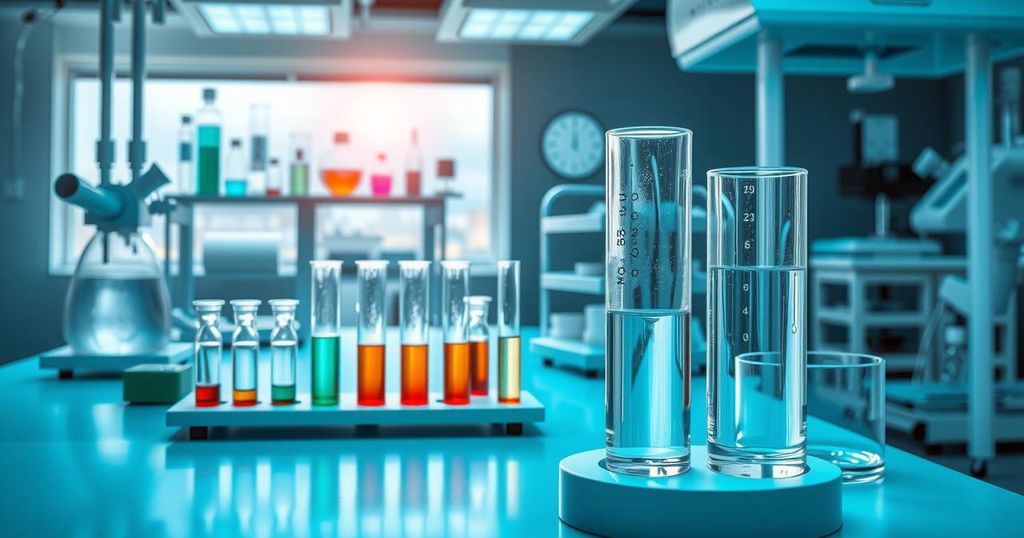 Perangkat laboratorium canggih dengan tabung uji dan sampel darah dalam suasana tenang dan profesional.