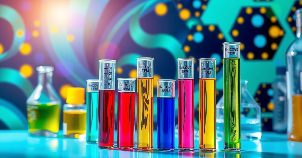 Laboratory setup with test tubes, vibrant colors, and abstract patterns symbolizing scientific discovery and research advancements.