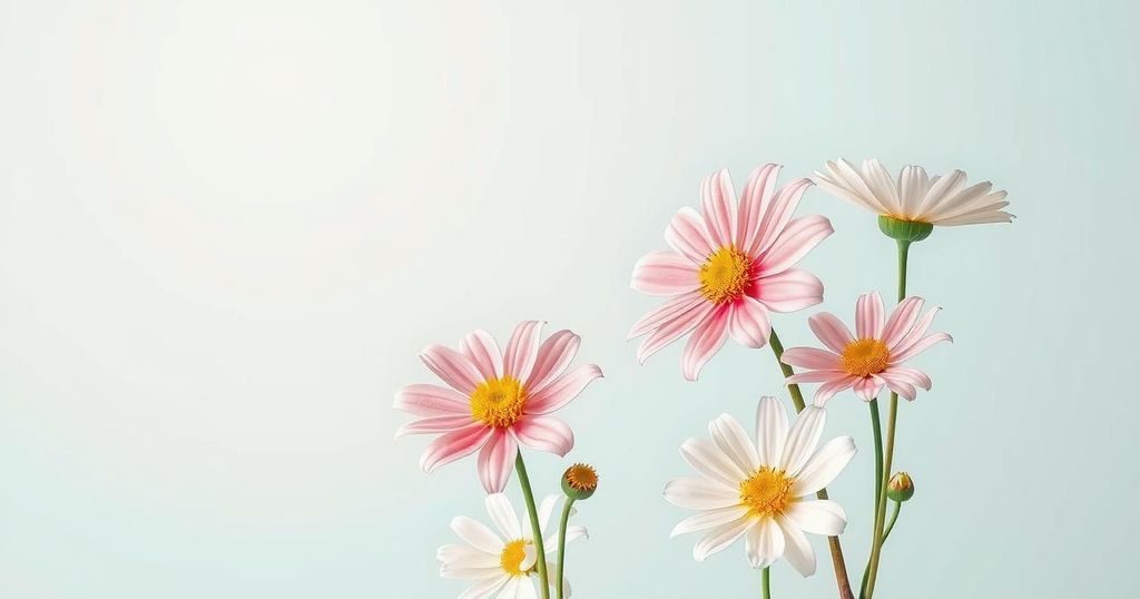 Ilustrasi terapi menopause dengan latar belakang warna pastel yang tenang dan bunga-bunga ceria.