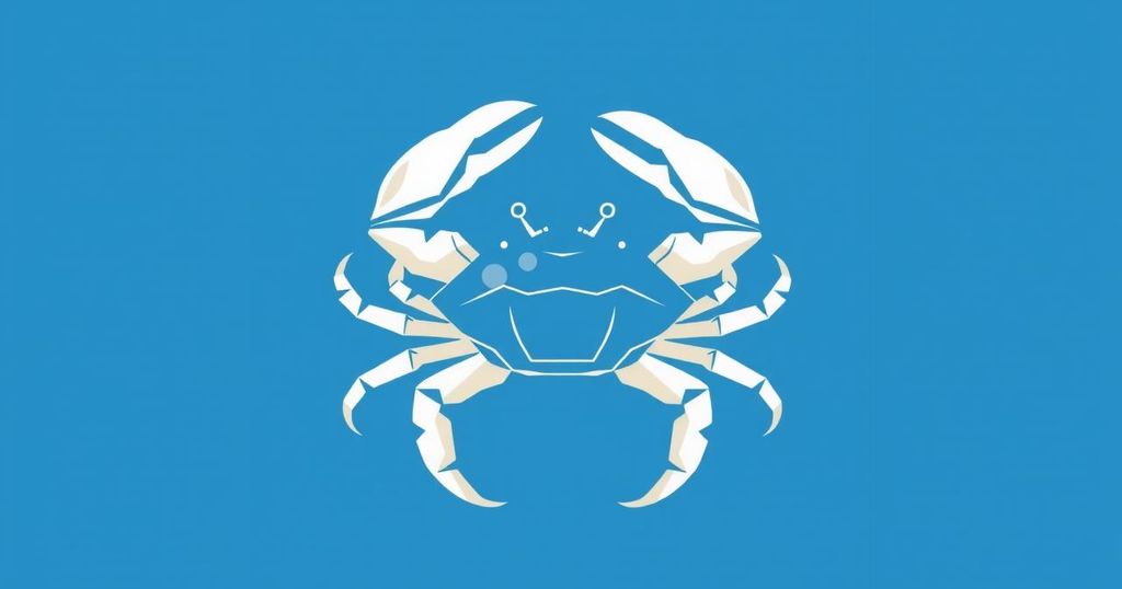 Simbol zodiak Cancer dengan latar belakang berwarna biru dan nuansa lembut, menampilkan kerang dan bulan.
