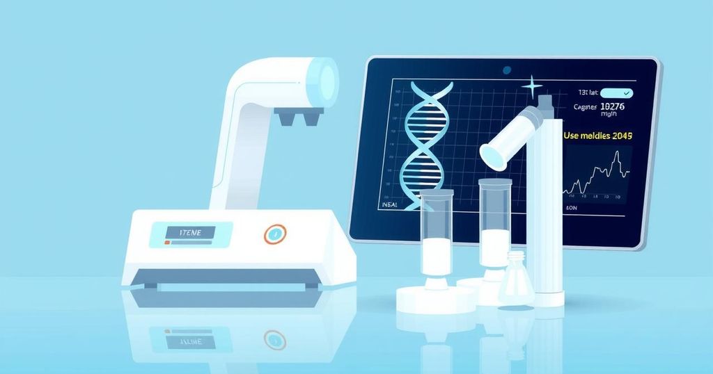 Ilustrasi teknologi pemantauan kanker dengan DNA dari sampel darah yang inovatif dan canggih.