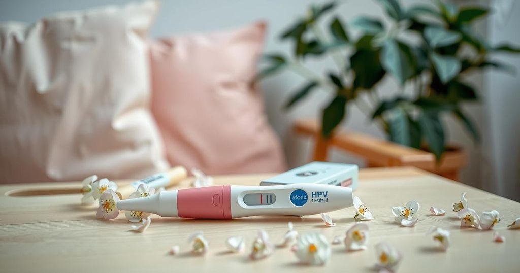 Kits for at-home HPV testing in a serene home setting with soft lighting and gentle pastel colors.