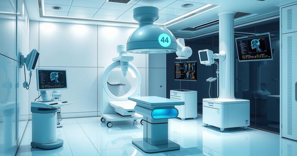 Gambaran inovasi AI dalam perawatan kanker, menunjukkan alat diagnostik modern dan alat medis dalam suasana futuristik.