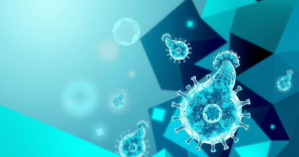 Harmoni warna dan abstrak, menggambarkan inovasi bioteknologi dengan simbol kesehatan dan penelitian.