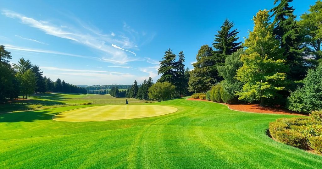 Turnamen golf dengan pemandangan lapangan hijau di bawah langit cerah dan pohon rindang.