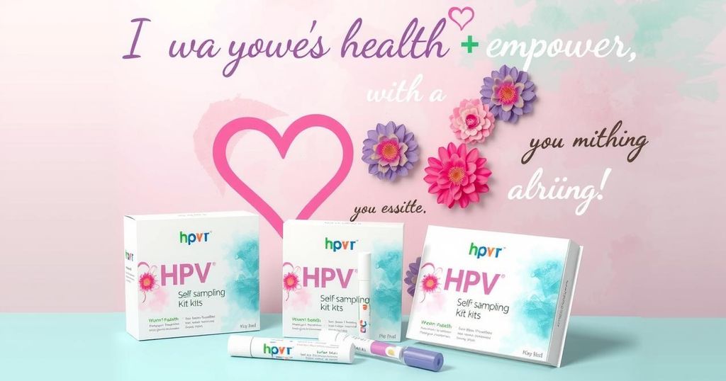 Pemandangan yang cerah dan inspiratif dengan alat sampel HPV di latar belakang dan kata-kata motivasi untuk kesehatan perempuan.