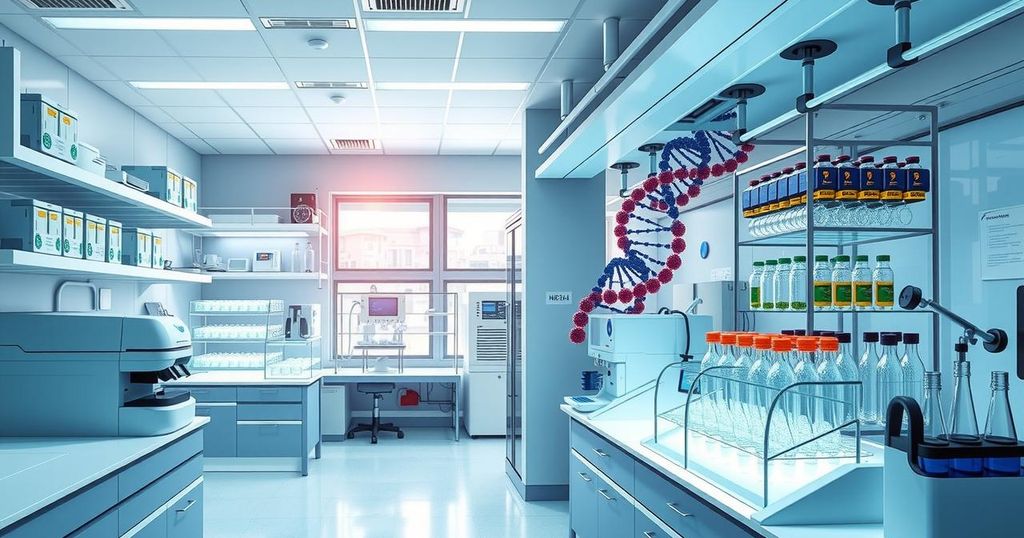 Pemandangan laboratorium modern dengan alat analisis genetik dan budaya sel, menciptakan penelitian kanker yang inovatif.