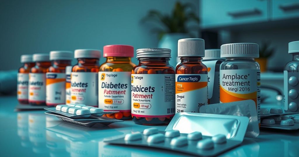 Obat-obatan untuk diabetes dan kanker yang dihapus pajak, diatur rapi dalam paket di atas meja.