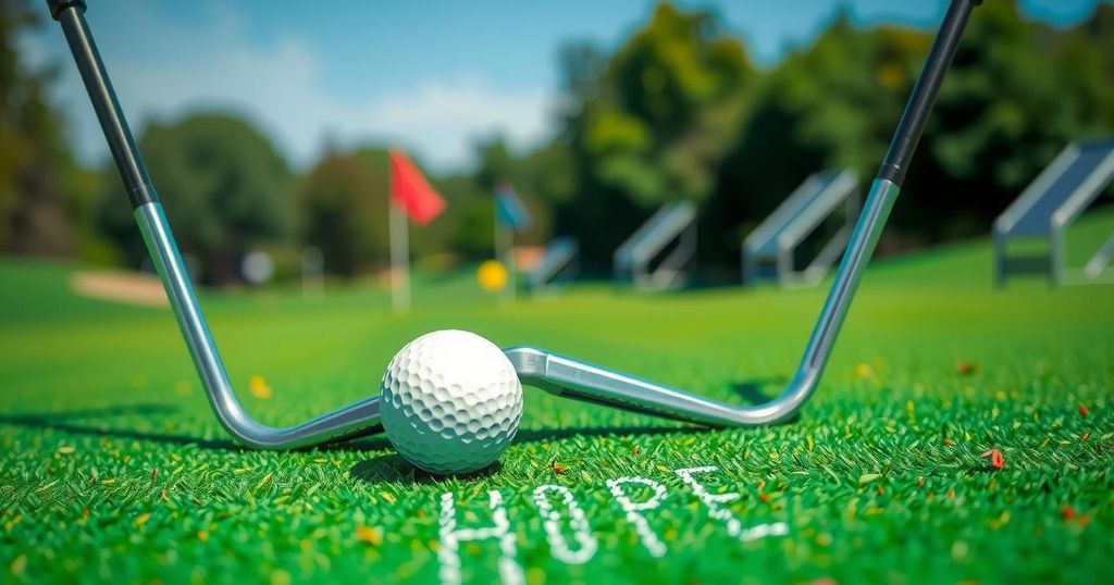 Lapangan golf hijau dengan alat golf, simbol semangat juang dan harapan di tengah tantangan.
