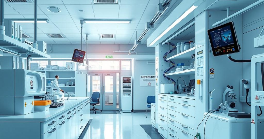 Uji DNA untuk kemoterapi dipenuhi alat laboratorium modern, menyimbolkan kemajuan pengobatan kanker di Inggris.
