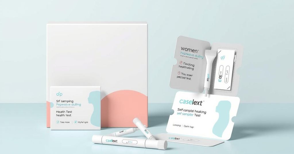Alat uji mandiri untuk kesehatan wanita dengan desain modern dan warna lembut.
