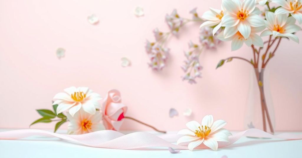 Kampanye kesadaran wanita tentang kesehatan dengan warna pastel dan tema komunitas di latar belakang kota.