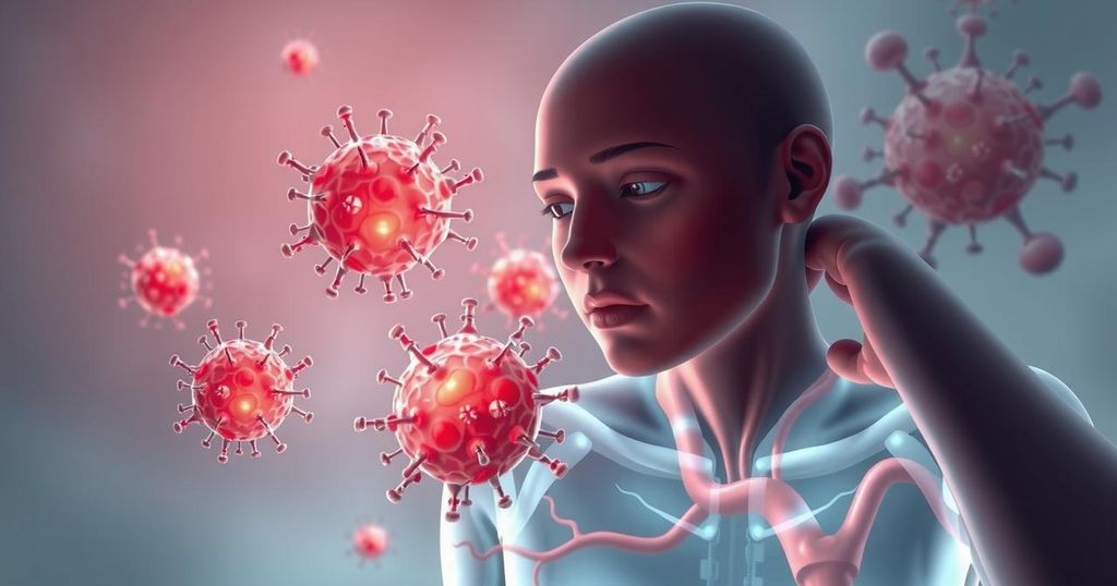 Ilustrasi hubungan stres dan kanker dengan sel-sel tumor dan sistem limfatik di latar belakang. Warna netral dan tenang.