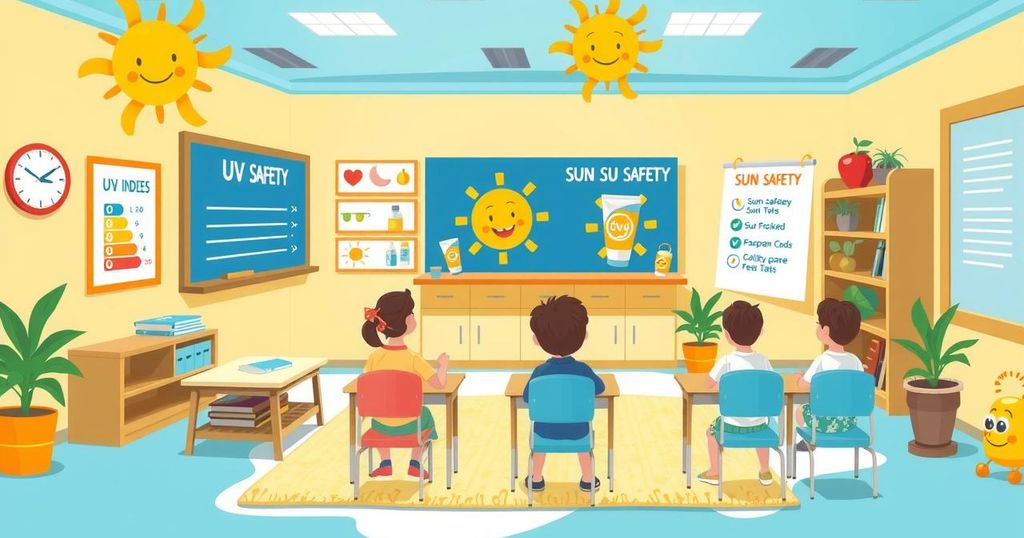 An educational sun safety lesson for children with UV indicators, sunscreen, and outdoor setting in primary school.