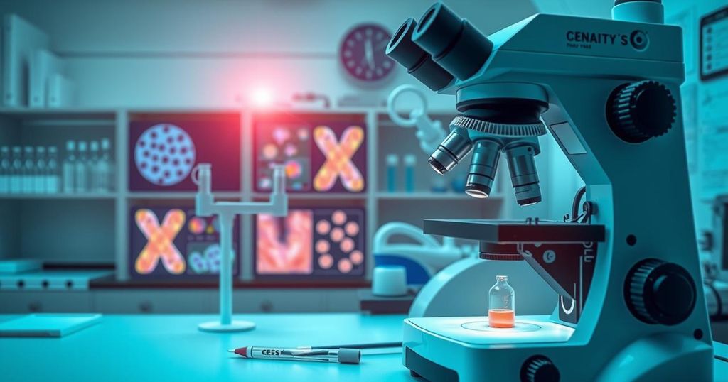 Ilustrasi penelitian tentang pencegahan kanker payudara melalui pengelolaan obesitas, berlatarkan laboratorium ilmiah.