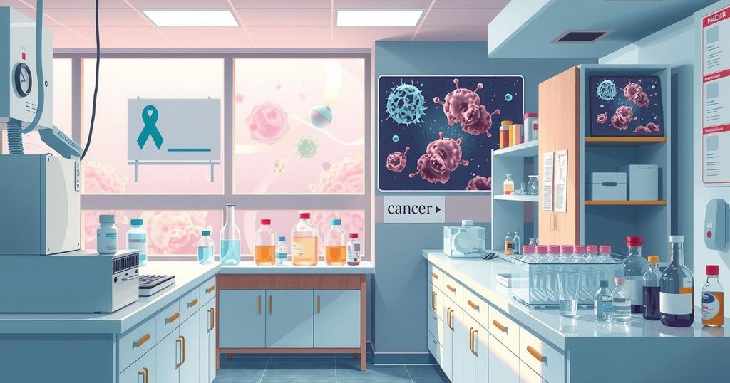 Ilustrasi penelitian ilmiah di lab tentang sel kanker dengan fokus pada warna pastel dan gaya lukisan realis.