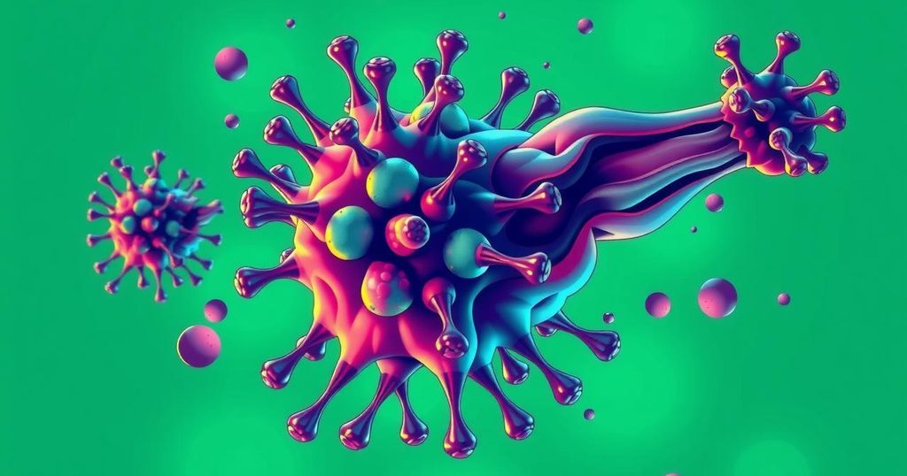 Ilustrasi sel kanker dengan bentuk dinamis, berwarna hijau dan biru, dalam gaya seni pop, menggambarkan perubahan seluler.