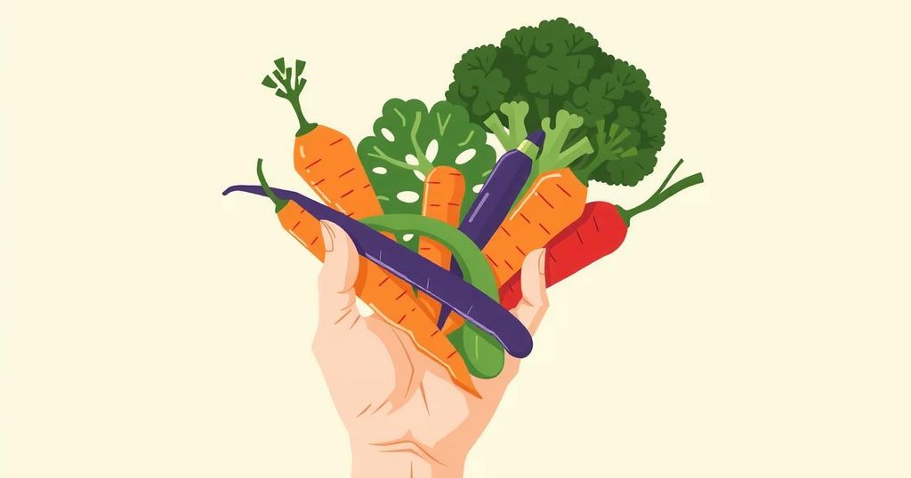 Ilustrasi lengan memegang sayuran kaya serat, mencerminkan pentingnya serat dalam diet sehat.