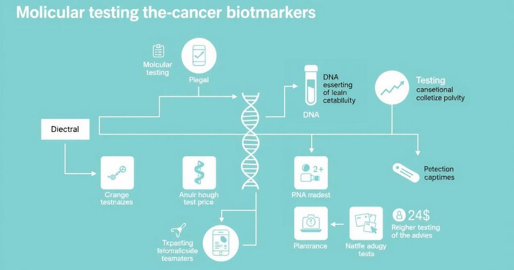 Diagram showing molecular testing processes and educational elements related to cancer biomarkers in Indonesian.