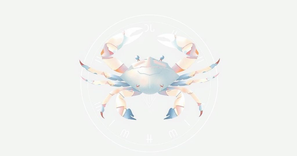Gambaran astrologi tentang zodiak Cancer dengan simbol kepiting dan warna putih yang menyejukkan.