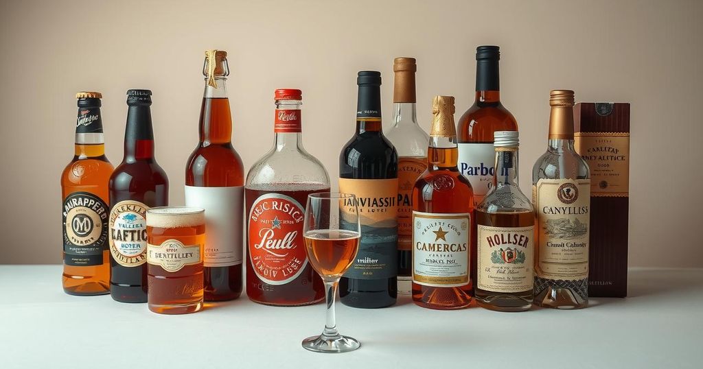 Dramatic still-life of beer, wine, and liquor bottles with neutral backdrop, evoking thoughts on drinking.
