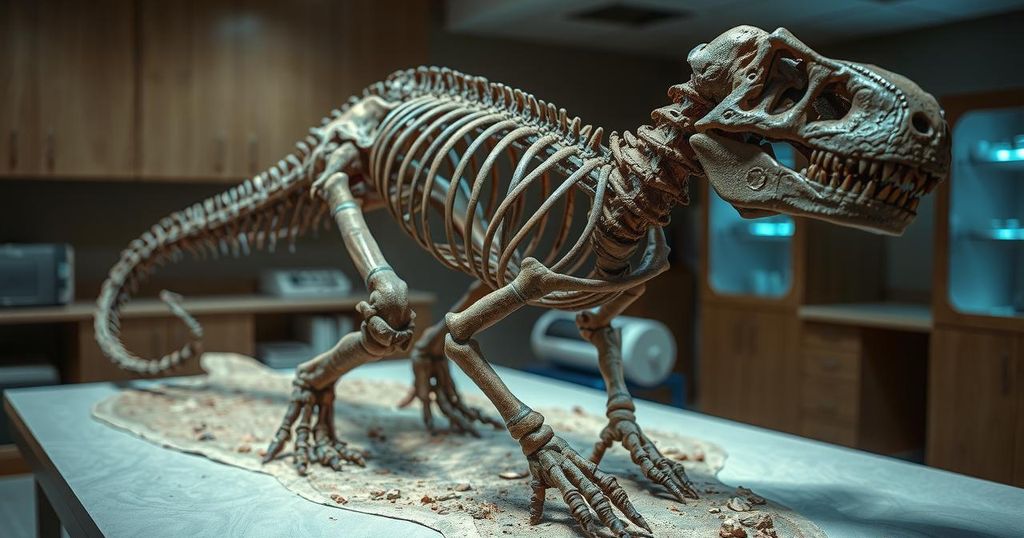Fossilized dinosaur remains with a focus on cancer research, showing paleontological discoveries and connections.