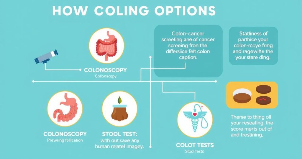 Diagram of various colon cancer screening options with health-related themes and supportive visuals in a bright color scheme.