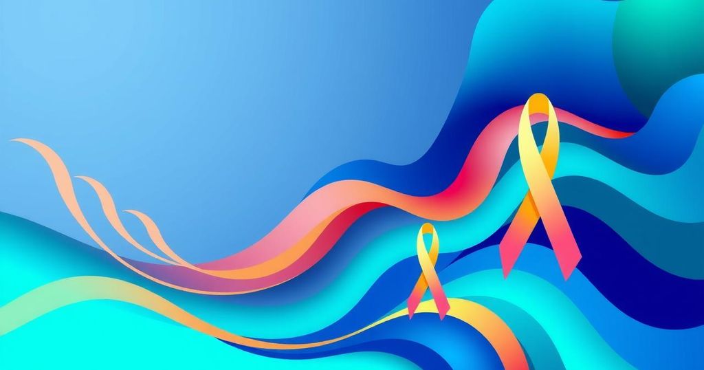 Grafik abstrak dengan warna cerah yang menggambarkan pertumbuhan diagnosis kanker, mengilustrasikan perhatian kesehatan.
