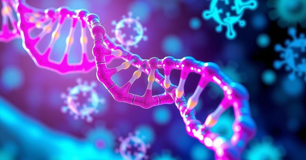 Grafis kontras berwarna cerah menunjukkan DNA dengan aliran RNA berputar dan mempengaruhi sel kanker.