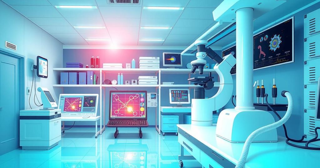 Gambaran penelitian ilmiah tentang kemajuan dalam penelitian kanker, dengan fokus pada laboratorium dan teknologi terkini.