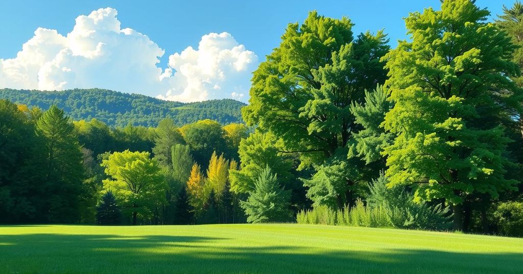 Gambaran wilayah Upstate New York yang indah, menunjukkan pemandangan alam yang menyejukkan dengan pepohonan hijau dan langit cerah.