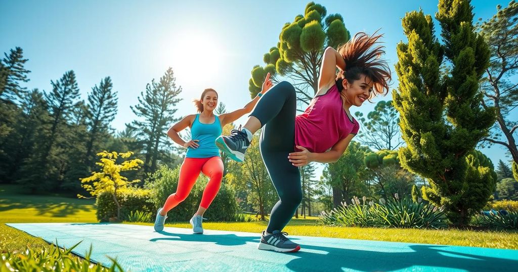 Ilustrasi aktivitas fitness outdoor dengan pemandangan alam hijau dan langit biru.