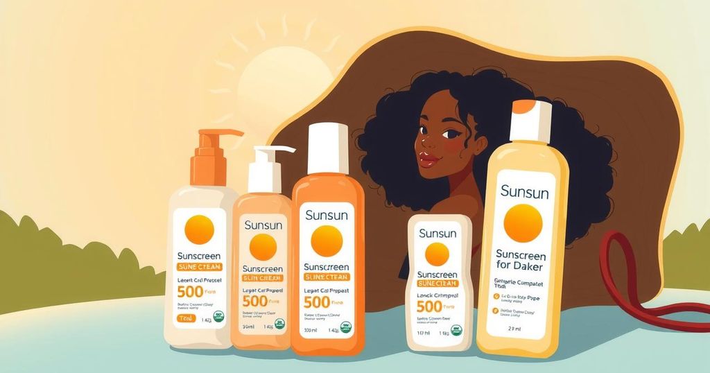 Ilustrasi tips perlindungan terhadap sinar matahari untuk kulit gelap, menampilkan krim tabir surya dan topi lebar.