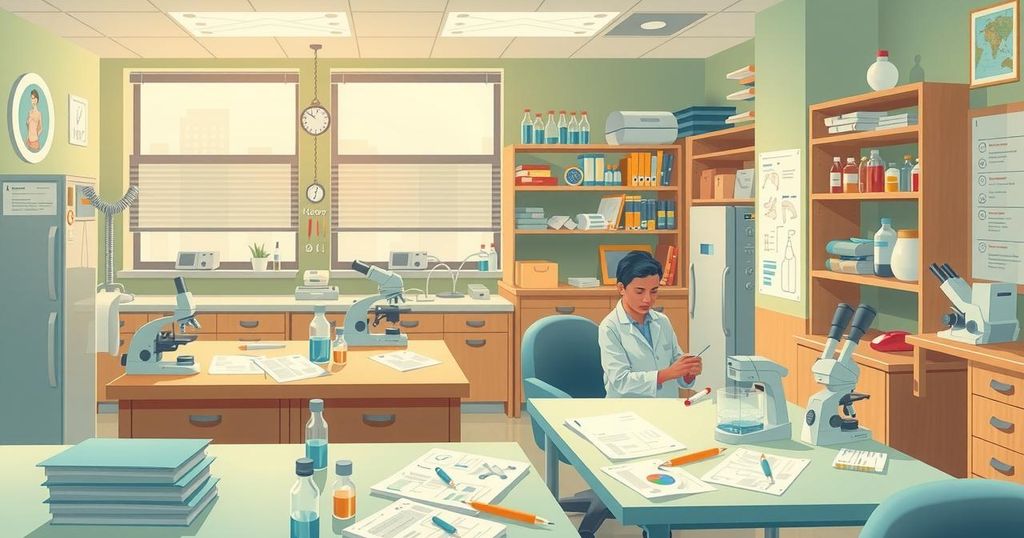 Ilustrasi penelitian tentang obesitas dan pencegahan kanker payudara dengan latar belakang laboratorium dan peralatan ilmiah.