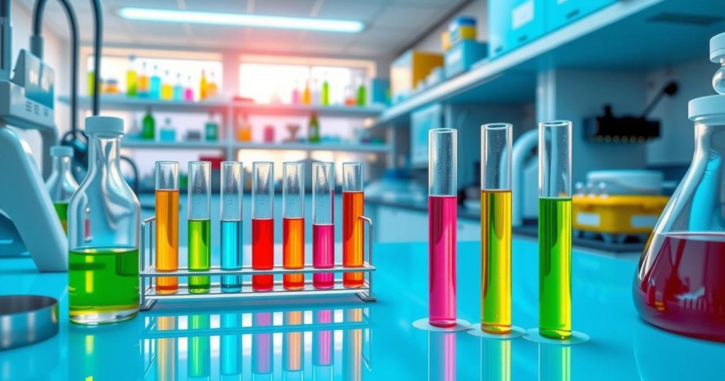 Laboratory scene with scientific equipment and colorful reagents in test tubes, symbolizing cancer research breakthroughs.