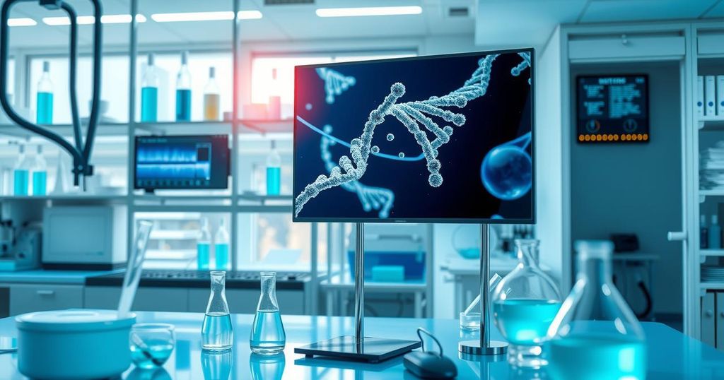 Laboratory scene with lab equipment, RNA molecules, and a high-tech setup for cancer research in soft colors.