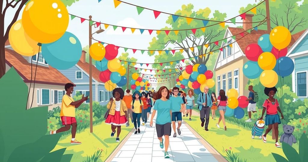 Ilustrasi acara jalan kaki amal dengan balon, jalur jalan, dan dekorasi yang ceria di latar belakang.