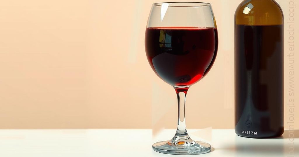 Gelas anggur merah dan botol minuman dengan latar belakang lembut, menunjukkan momen refleksi, tidak ada aksesori lainnya.