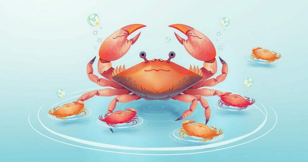 Ilustrasi ramalan zodiak Cancer dengan elemen air, warna lembut, menggambarkan keseimbangan antara pekerjaan dan kehidupan.