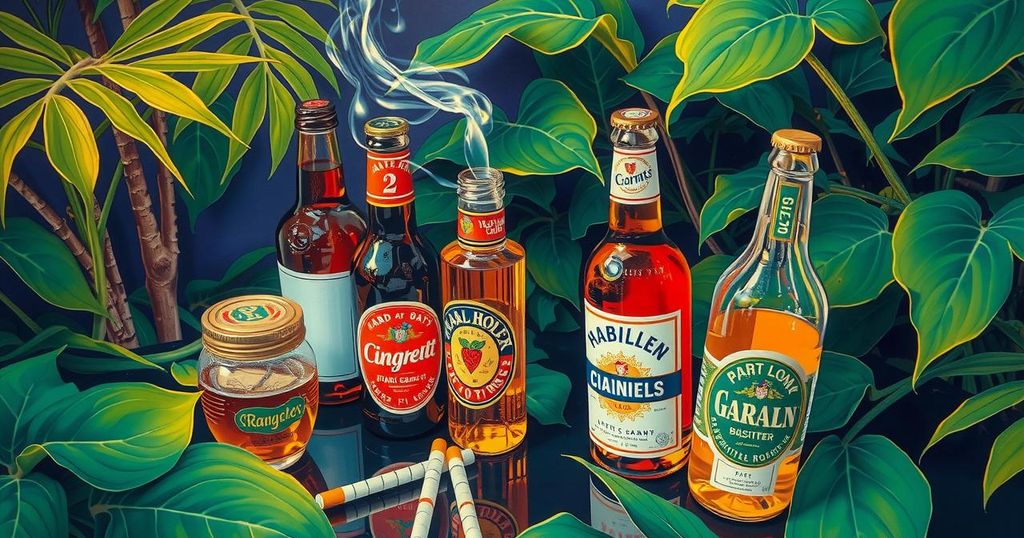 Gambaran kehidupan sosial di tempat berkumpul, dengan simbol alkohol dan rokok yang dikelilingi unsur alam.
