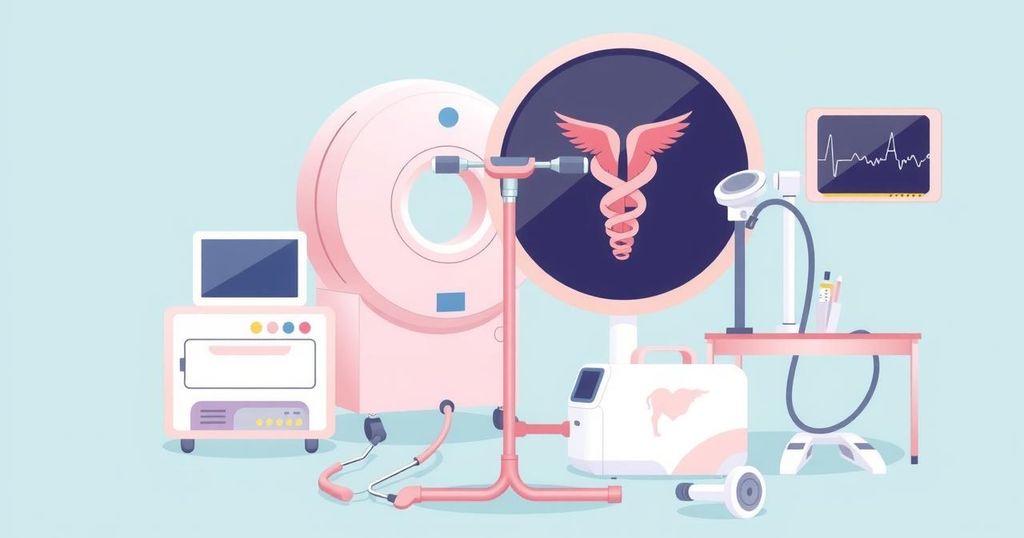 Ilustrasi perawatan kesehatan wanita dengan peralatan medis dan pola warna lembut.
