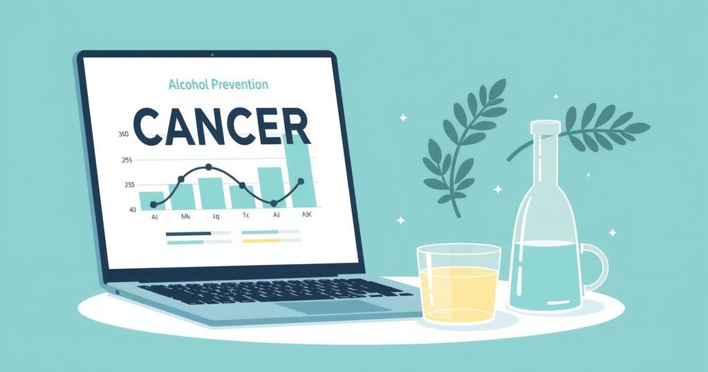 Ilustrasi webinar pencegahan kanker dengan fokus pada pengurangan konsumsi alkohol, tema pendidikan dan kesehatan.