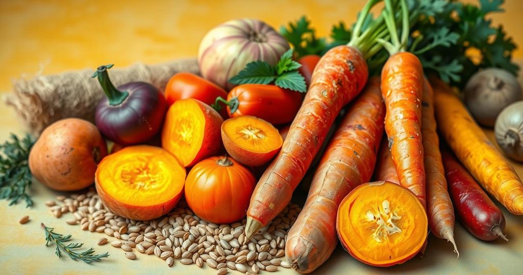 Piles of colorful vegetables with a backdrop of grains, promoting anti-inflammatory diet.