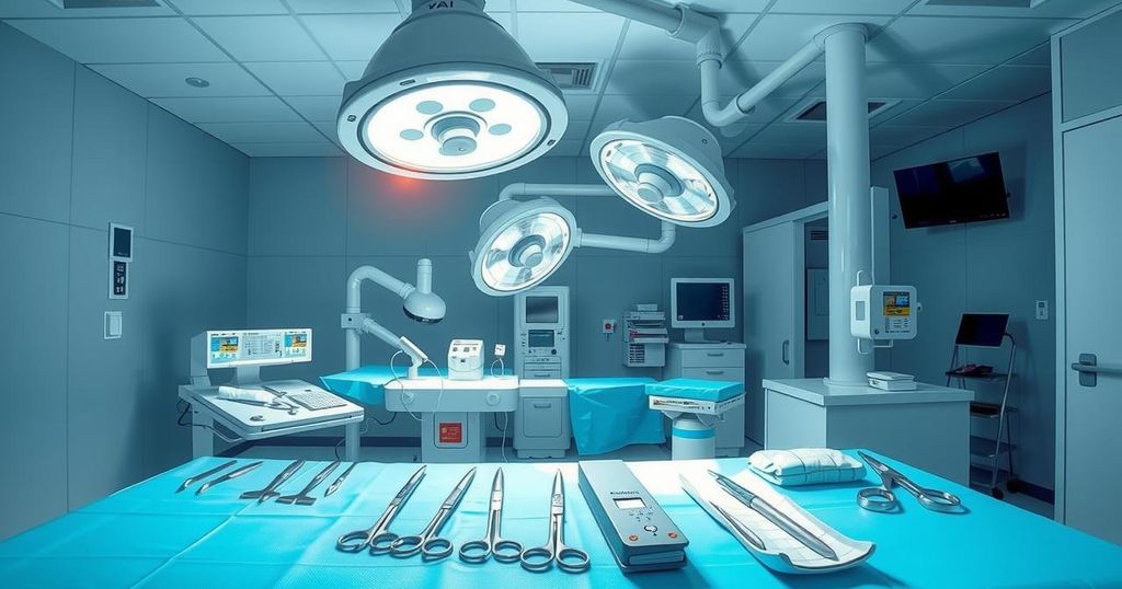 Surgical tools and a sterile environment in a modern hospital operating room, highlighting medical advancement.