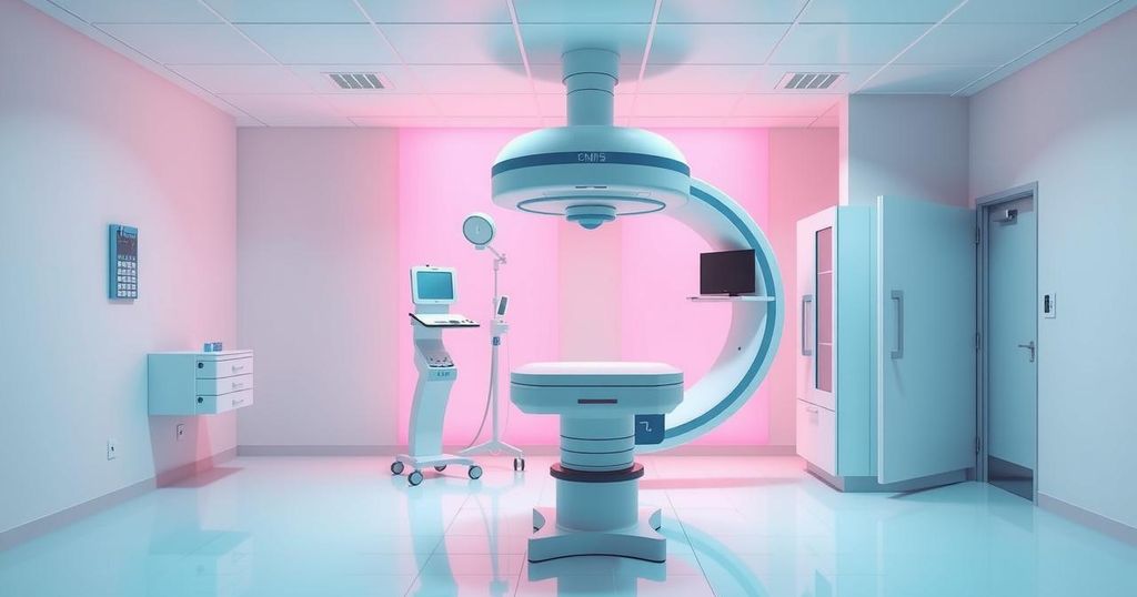 Pemandangan lembut dengan nuansa biru dan pink, menampilkan alat radioterapi di ruang medis modern.